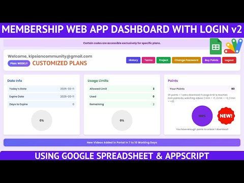 VIP Membership Dashboard Portal with Google Sheets & Apps Script | OTP Login, Usage Limits | C42