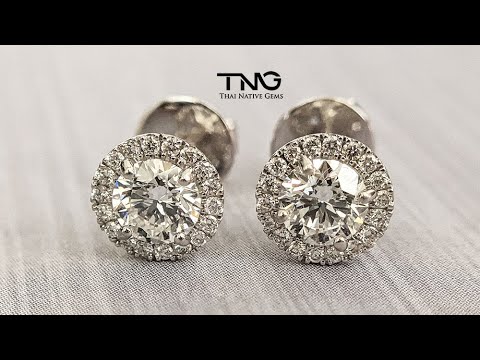 1.20 carats Classical Solitaire Diamond Halo Earrings set in 18K White Gold from Bangkok, Thailand