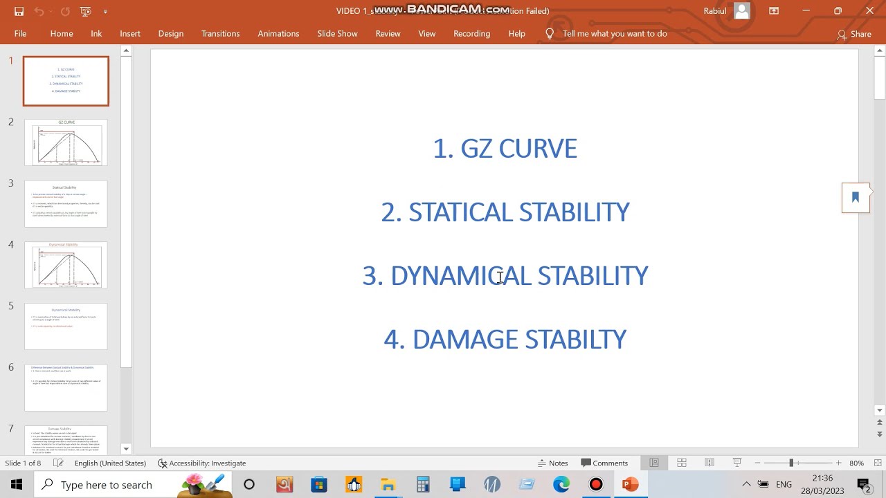 Explaining Statical Stability, Dynamical Stability & Damage Stability