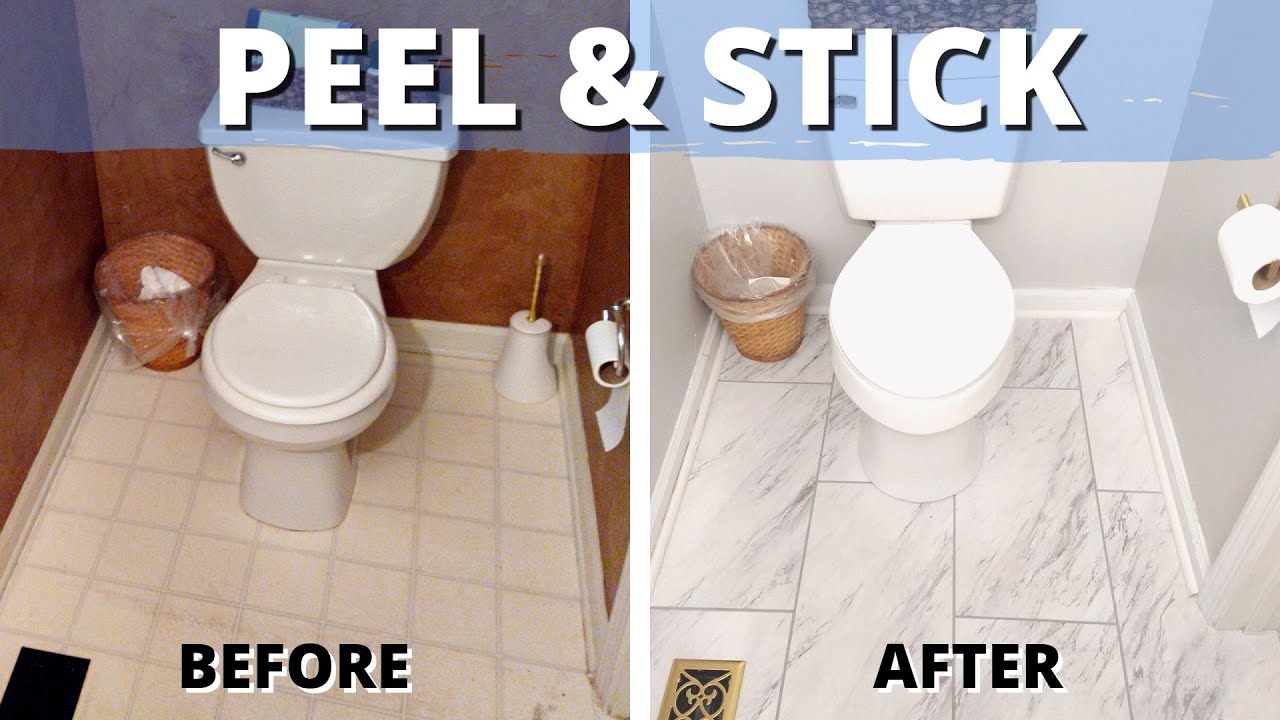 Watch Us PEEL & STICK a SMALL BATHROOM FLOOR with Luxury Vinyl Tile!
