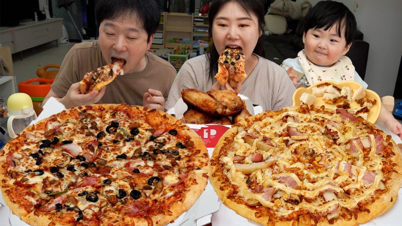 지훈이와 피자 먹는 날🍕마요네즈 2번 추가한 포테이토 피자와 슈퍼디럭스 도미노 피자 먹방