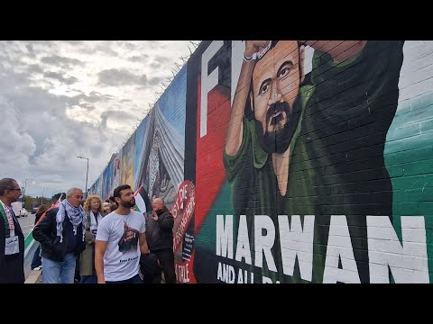 Free Marwan Barghouti campaign launch mural on Belfast's International Wall