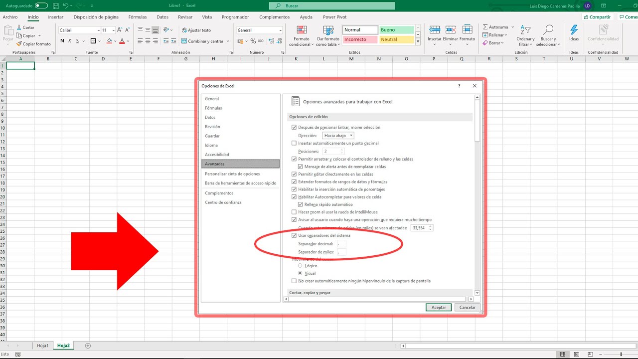Como configurar separador de decimales y de miles en Excel