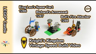YouTube thumbnail: LEGO Castle Sets Review & Speed Build - 1286 King Leo's Spear Cart - 1287 Richard's Arrowseat - 1288