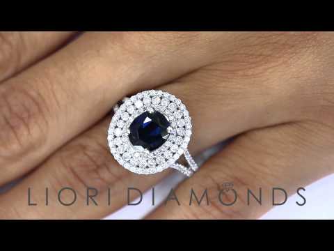 LR-27 - 4.05 Carat Natural Blue Sapphire & White Diamond Cocktail Fashion Ring 14k Gold