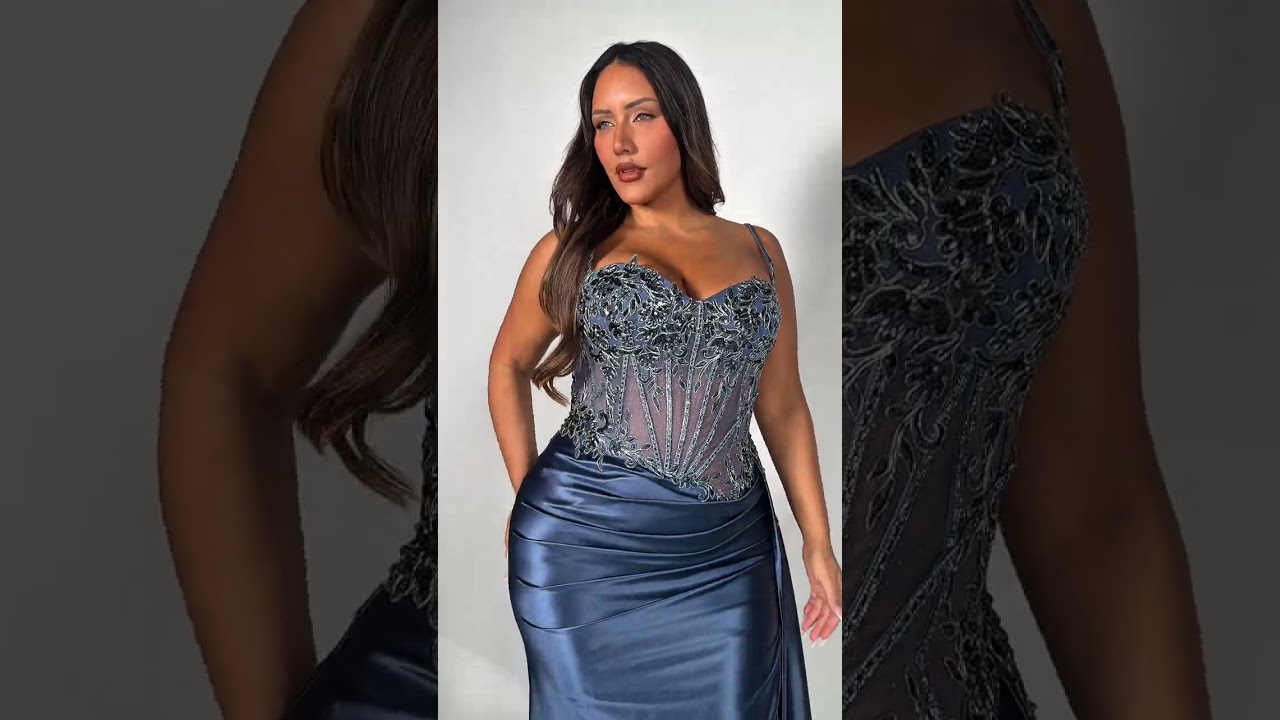 Ladivine CD868 Smoky Blue Satin Prom Dress ✨ Corset High Slit Gown with Dramatic Sash