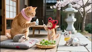 Ibu kucing dan kedua anaknya merawat anak landak yang terluka 🐱🦔🧡🤍