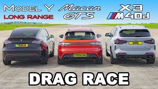 [carwow] Porsche Macan GTS v BMW X3 M40d v Tesla Model Y: DRAG RACE