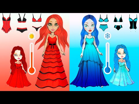 Paper Dolls Dress Up Rapunzel and Sadako Red and Blue Hot vs Cold Dresses Handmade
