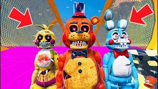 NIGHTMARE TOY ANIMATRONICS STUNT ON WORLD&#39;S BIGGEST RAMP! (GTA 5 Mods For Kids FNAF RedHatter)