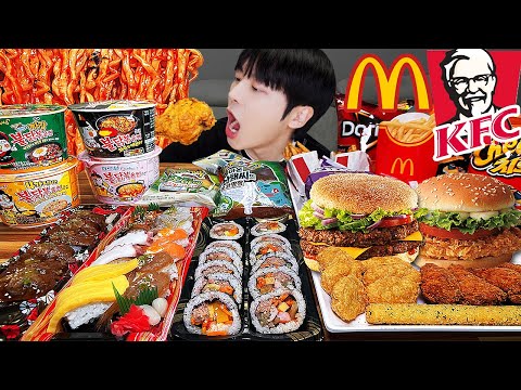 ASMR MUKBANG | Feuernudeln, Cheetos, Brathähnchen, Burger, Käsesticks, Supermarkt, KFC