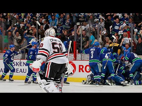 Alex Burrows Game 7 OT goal vs Blackhawks [Apr. 26, 2011] (ALL CALLS)