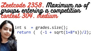 YouTube video 'Leetcode 2358. Maximum Number of Groups Entering a Competition | Weekly Contest 304 Problem 2 Medium'