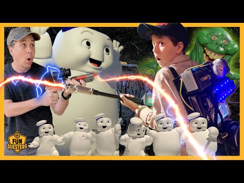 Giant Stay Puft Marshmallow Man & Slimer from Ghostbusters Frozen Empire vs FunQuesters Aaron & LB!