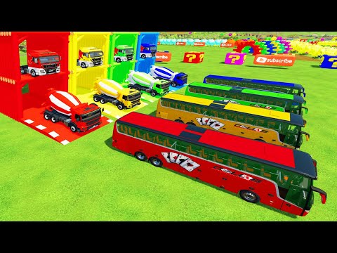 ALL COLORFUL VANHOL BUS,VOLVO CONCRETE MIXER TRUCK TRANSPORTING TO GARAGE WITH FLATBED TRAILER TRUCK