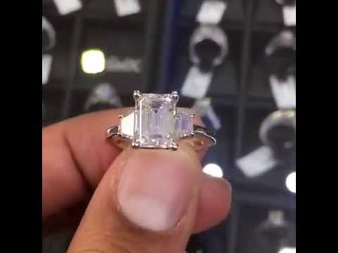 ER-SOLD-214 - 3.20 Carat H-SI1 Emerald Cut Three Stone Diamond Engagement Ring 14k White Gold