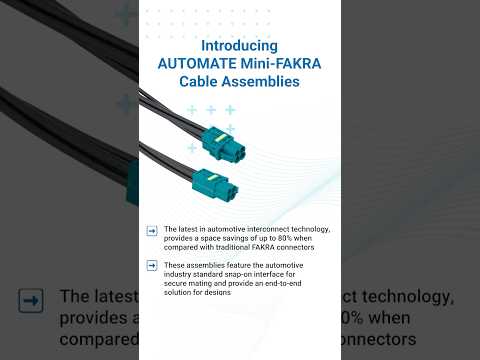 AUTOMATE Mini-FAKRA connectors are revolutionizing cable assemblies with their compact design and robust performance. In this short, we summarize what makes AUTOMATE mini-FAKRA connectors unique, how they’re used in automotive, industrial, and other high-tech applications, and why they’re crucial for today’s advanced connectivity needs. Perfect for tech enthusiasts, engineers, and anyone curious about high-performance cable assemblies!

View these products on our website:
https://www.amphenolrf.com/rf-cable-assemblies/automate-type-a-cable-assemblies.html

Check us out on social media:
https://www.facebook.com/officialAmphenolRF 
https://www.linkedin.com/company/amphenol-rf/mycompany/ 
https://www.twitter.com/AmphenolRF

Our Website:
https://www.amphenolrf.com