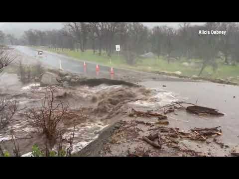 Raging flood waters wash roads away on the Tule River Reservation in Tulare County, CA