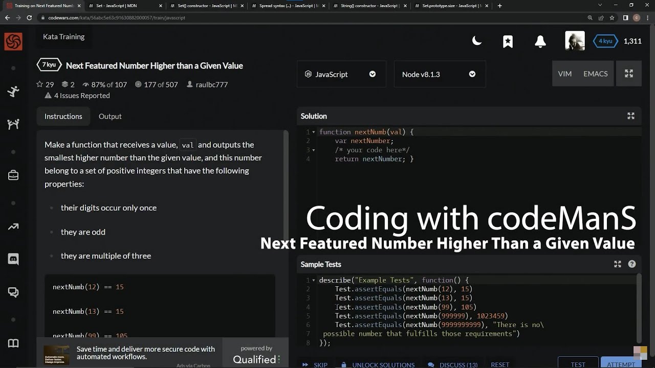 Codewars 7 kyu Next Featured Number Higher Than a Given Value Javascript