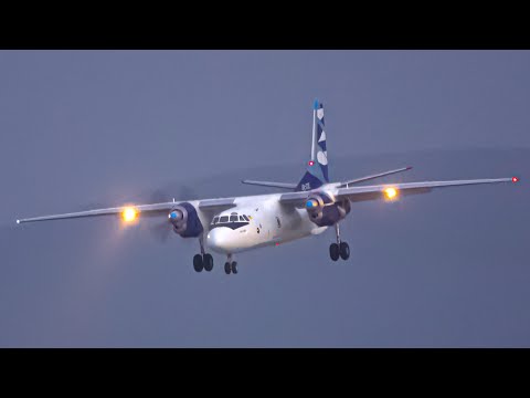 #rare Antonov An-26B I Vulkan Air / lands just before dawn at Basel Airport.