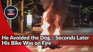 Motorcycle Bursts Into Flames After Rider Swerves to Avoid Dog in Bangkok