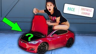 WORLD&#39;S SMALLEST TINY 24 HOUR CHALLENGE in MINI TESLA &amp; FOUND ABANDONED MYSTERY BOX (you decide)