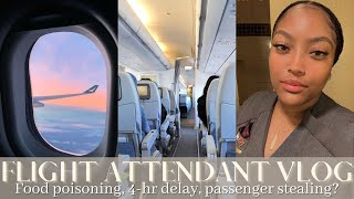 FLIGHT ATTENDANT VLOG | Food poisoning on the plane, 4-hr delay, passenger stealing? | VLOG 10