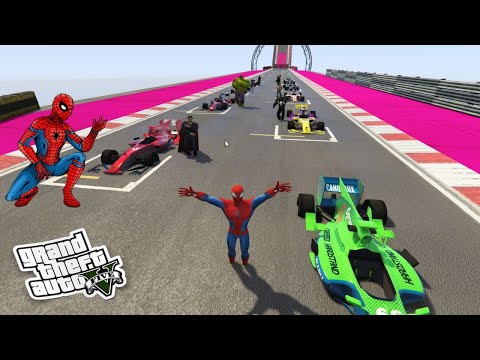 SPIDERMAN CARS F1 Ramp JUMP Challenge ! SUPERHERO HULK IronMan Trevor and Friends Stunt - GTA V