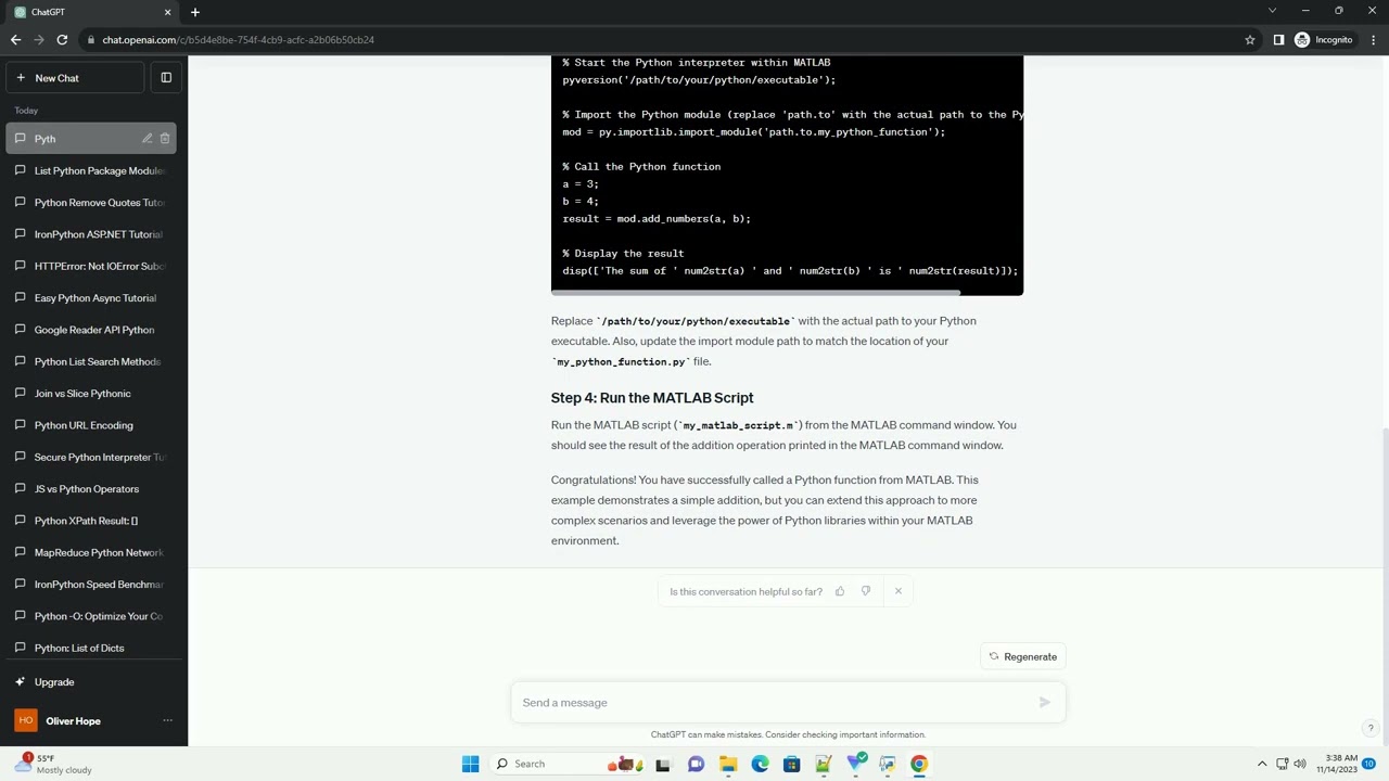 Call Python function from MATLAB