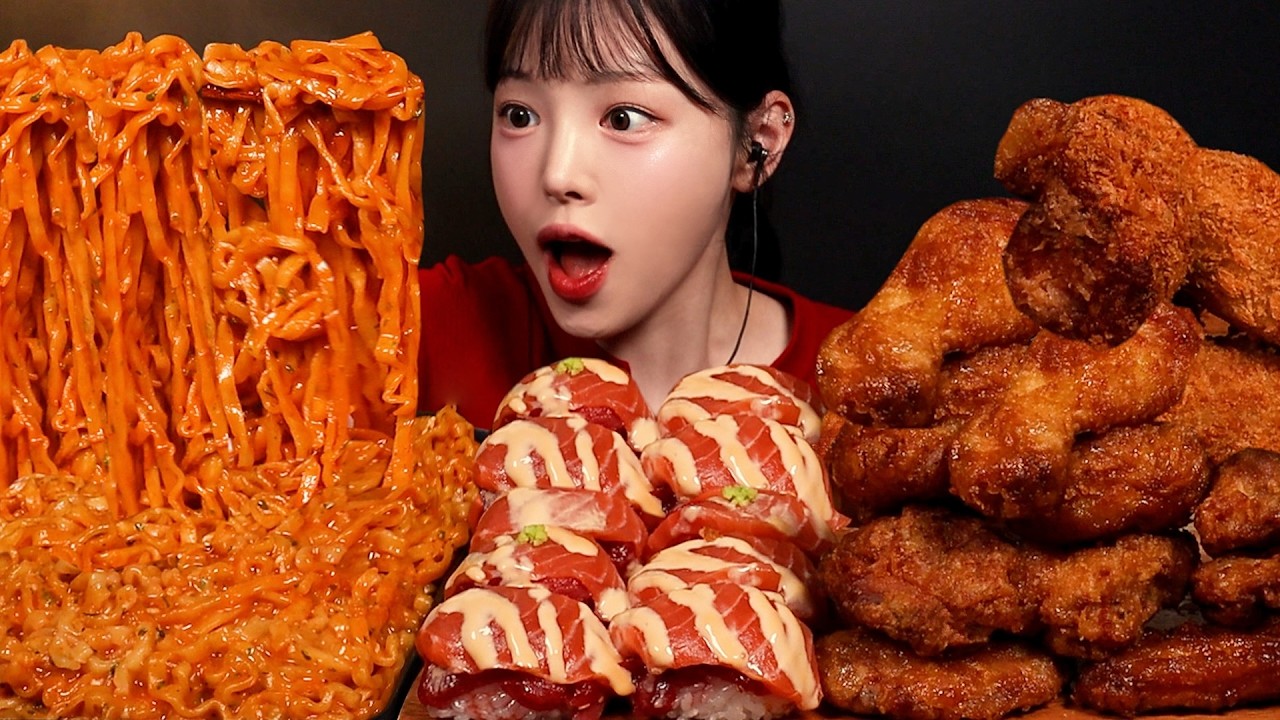 SUB)먹고싶은 거 다 먹는 돼지파티 2탄! 허니콤보에 까르보불닭 육회연어초밥 치즈돈까스까지 치킨 라면 ?