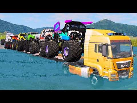 Double Flatbed Trailer Monster Trucks Transport with Slide Color - Cars vs Speed bump - BeamNG.drive