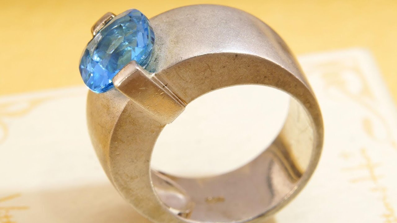 Modernist Blue Topaz Thick Satin Silver Band Ring Hallmarked 2007 | Size M1/2 6.5 53