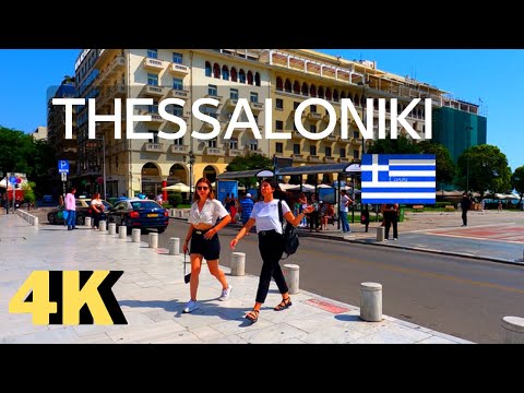 Caminhando em Thessaloniki, Grécia 🇬🇷: Praça Aristotélica 4K, verão, viagens, turismo