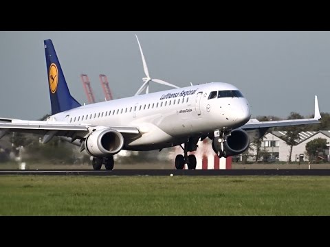 Lufthansa Regional - Embraer 195 - Landing & Takeoff at AMS (D-AEMD + D-AEBR)