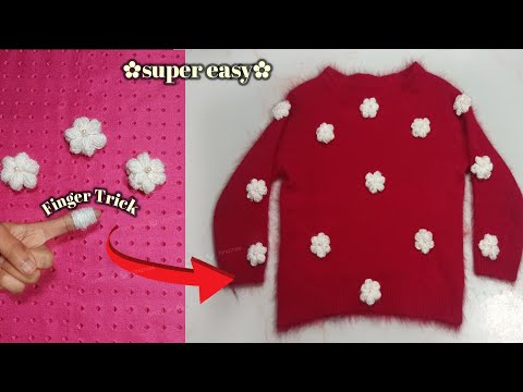 Easy Woolen Flower Making With Finger/woolen flower tutorial/hand embroidery on sweater/Diy design