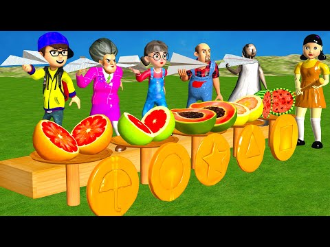Scary Teacher 3D Paper Plane vs Fruit Challenge  Orange Candy Shape Miss T vs 4 Friends Funny