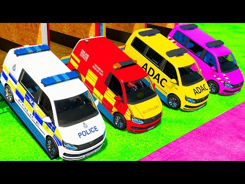 POLICE CARS OF COLORS ! VOLKSWAGEN POLICE MINIBUS TRANSPORTING WITH TRUCKS ! Farming Simulator 22