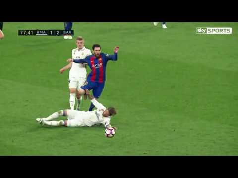 Sergio Ramos was shown a straight red card for this two-footed lunge on Barcelona's Lionel Messi