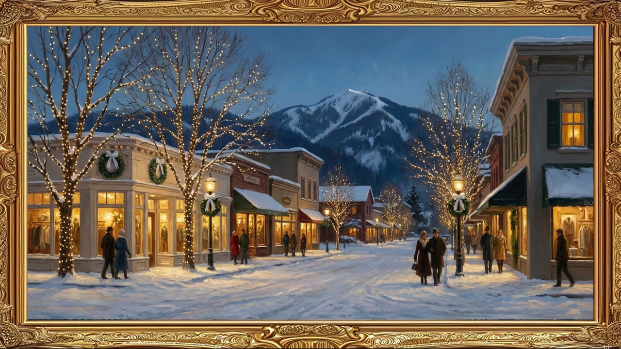 Vintage Main Street Christmas Shopping Gold Frame TV Art | 2 Hours 4K — 4K ambient art screensaver in baroque gold frame