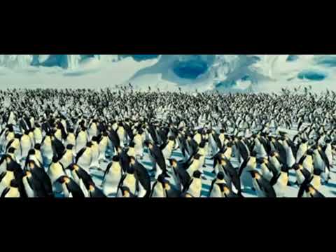 Trailer frame with the emperor colony swaying; music cues swing from soul to standards in seconds