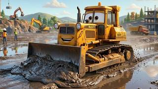 Oh No! Rain Broke the Playground 🚧 | Construction Vehicles for Toddlers | Excavator, Truck & Crane