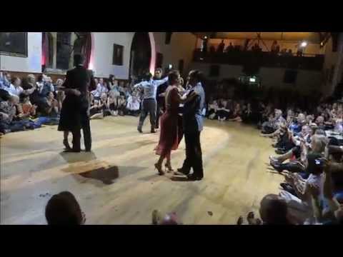  Alejandra Mantinan,    Aoniken Quiroga,    Cristina Ladas,    Homer Ladas,    Juliana Maggioli,    Maximiliano Cristiani,    Guillermo de Fazio,    and  Enrique De Fazio  are  dancing  to  the  tango  "  Nada Mas  "  by  Juan D'Arienzo  at  England International Tango Festival  in  2015