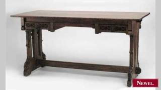 preview picture of video 'Antique American Mission oak table desk with Gothic carved'
