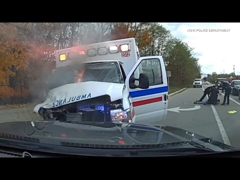 Dashcam video shows suspect steal ambulance as paramedic treats patient, causing fiery crash