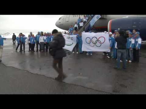 Sochi 2014 team arrival from Vancouver to Moscow with Olympic and Paralympic Flags