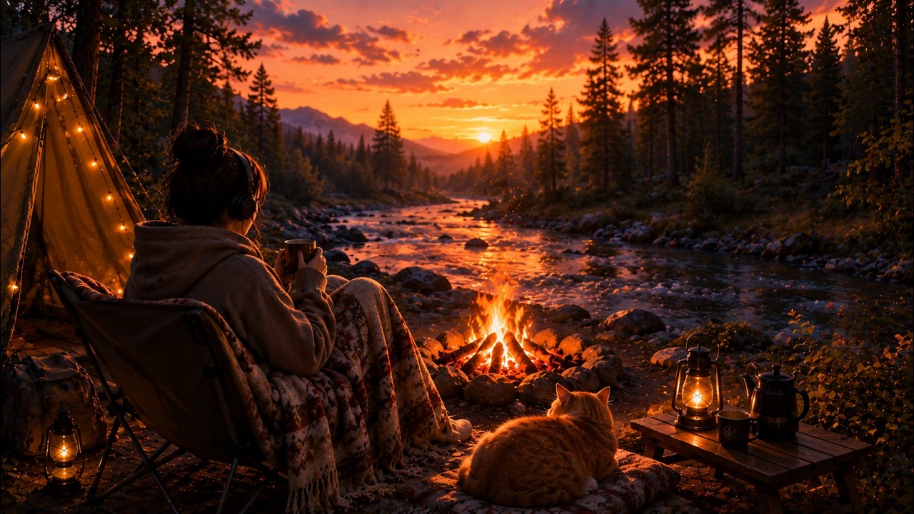 Deep Rest Evening 🍂 Cozy Campfire Lofi | Riverside Camping, Sunset Sky & Relaxing Nature #lofi