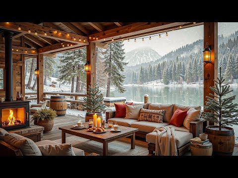 Cozy Winter Porch by the Lake 🎄 Soothing Jazz Music, Fireplace Sound for Holiday Relaxation