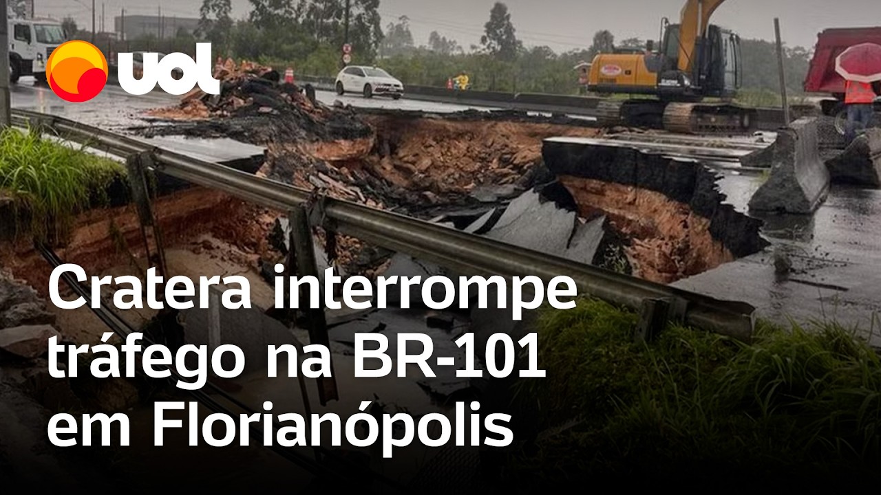 Fortes chuvas abrem cratera 'gigante' em Santa Catarina e interditam trecho da BR-101; veja vídeo