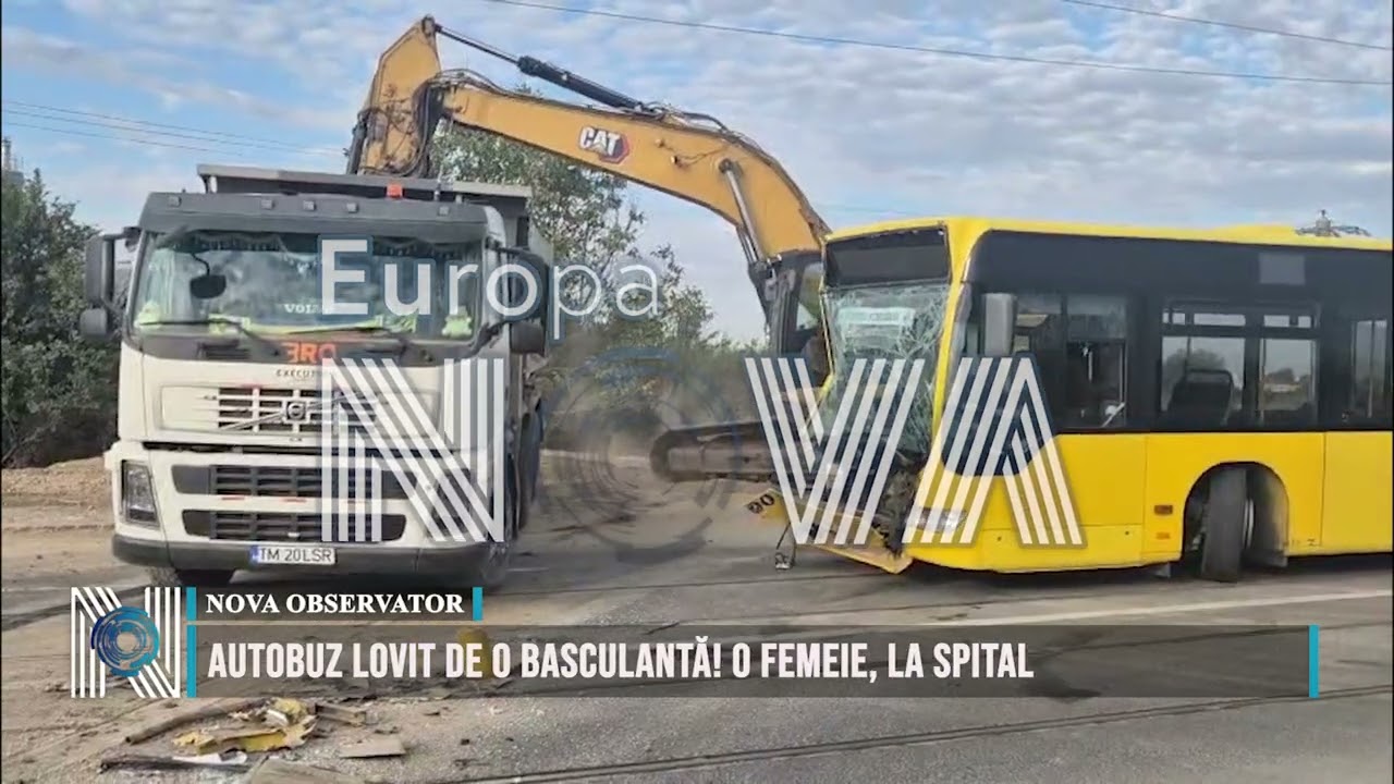 Autobuz lovit de o basculantă! O femeie, la spital