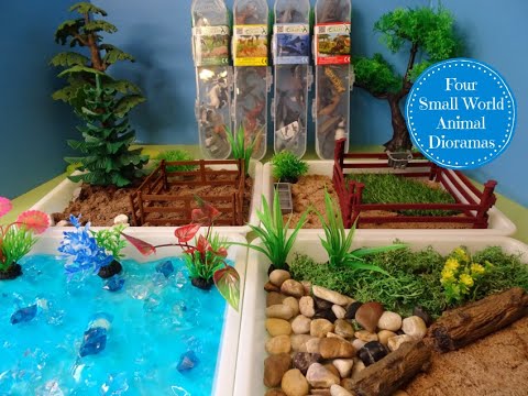 Four Small World Animal Dioramas -Farm, Horse, Ocean, & Wild Animal Figures -Learn Animal Names